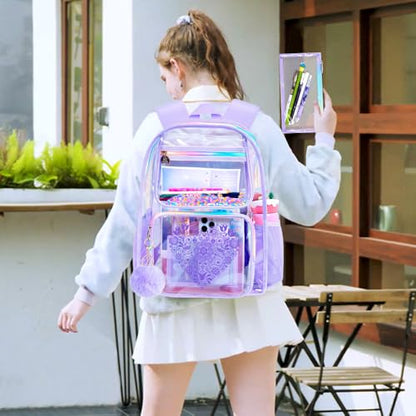 gxtvo 3PCS Clear Backpack, Women’s Sequins Transparent Bookbag Set, Cute Heavy Duty See-Through School Bag for Teens and Elementary Students – Flower Purple Love - color: Flower Purple Love Clear Backpack Set