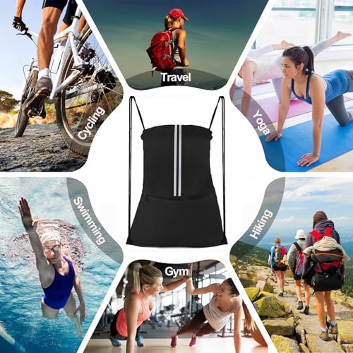 Drawstring Backpack Sports Gym Bag, Draw String Back Bag for Men Women, Lightweight Sackpack with Zipper Pocket, Durable Large Two Tone Black - color: Two Tone Black
