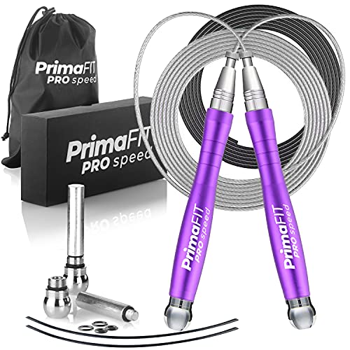 PrimaFIT Jump Rope Pro Speed Skipping Rope Adjustable Adult Jumping Rope Weighted Aluminium Handles for Double Dutch Boxing Workout Crossfit Exercise Fitness Spare Cable Weights Protectors Carry Bag - color: Purple