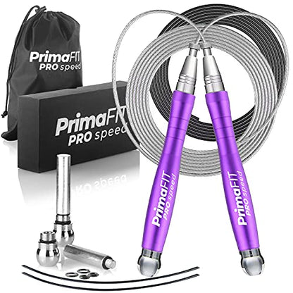 PrimaFIT Jump Rope Pro Speed Skipping Rope Adjustable Adult Jumping Rope Weighted Aluminium Handles for Double Dutch Boxing Workout Crossfit Exercise Fitness Spare Cable Weights Protectors Carry Bag - color: Purple