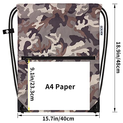 draw string back bag, Large Gym Sports string backpack for men and women with front zipper pocket and inside zipper pocket to keep key or phone (brown camo) - color: Brown Camo, style: Drawstring With Front Pocket