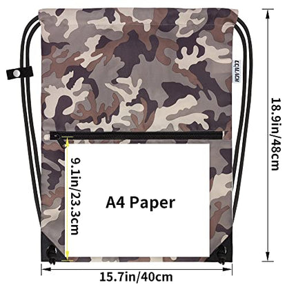 draw string back bag, Large Gym Sports string backpack for men and women with front zipper pocket and inside zipper pocket to keep key or phone (brown camo) - color: Brown Camo, style: Drawstring With Front Pocket