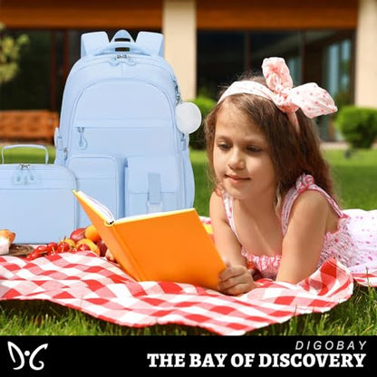 DIGOBAY 3PCS Girls Backpack for School, Kids Backpack for Girls with Lunch Bag Pencil Case, Kids Bookbag Teen Girl Backpacks for Elementary Middle High College School (Blue) - color: Blue