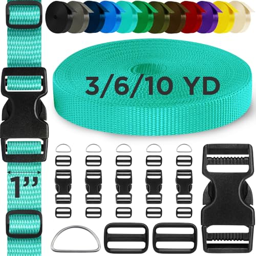 TECEUM Buckles & Strap Kit – 1" Turqouise Nylon Webbing 6 (yd) – 6 Heavy Duty Adjustable Plastic Buckles – 12 Tri-Glide Slide Clips – 6 Metal D-Ring – Ideal Straps for Arts Crafts Outdoors Indoors DIY - color: Turqouise, size: 1" - 6 yards, style: 6 Buckl