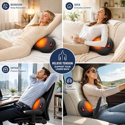 3-in-1 Electric Back Massager Pillow with Heat, Vibration & Traction, Ergonomic Lumbar Support Cushion with Memory Foam for Lower Back Comfort, Bed, Office Chair, Sofa & Car (Ash Gray)