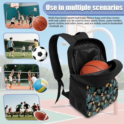 18.5in Basketball Backpack Basketball Bag with Shoe Compartment & Ball Holder, Waterproof Bag for Soccer Volleyball - color: Simple Green Cactus Print