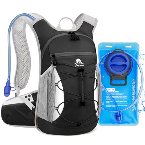 Hydration Backpack with 2L Water Bladder - Lightweight 15L Daypack with Phone-Sized Hip Belt Pockets, Anti-Chafe Cotton Edging & No-Bounce Straps - Small Water Backpack for Hiking, Running, Skiing - color: Black