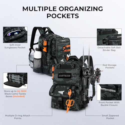 KastKing BaitSpace Fishing Tackle Backpack with Removable Bait Binder,2 Rod Holders Storage Fishing Gear and Equipment - color: B: Black Camo (With (4) 3600 Tackle Boxes)