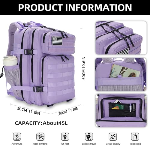 Lovelinks21 45L Tactical Assault Backpack 3 Day Assault Pack with MOLLE Waterproof Rucksack for Tactical Backpacks (Light Purple) - color: Light Purple