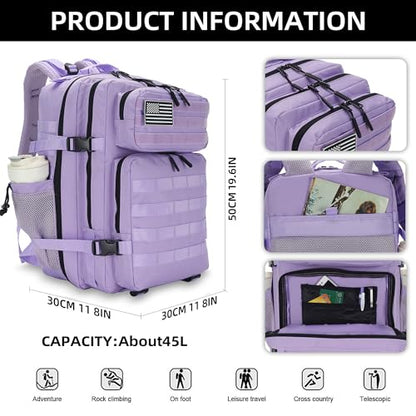 Lovelinks21 45L Tactical Assault Backpack 3 Day Assault Pack with MOLLE Waterproof Rucksack for Tactical Backpacks (Light Purple) - color: Light Purple
