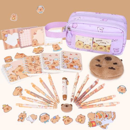 Capybara Theme Backpack for School Girls, 35PCS Kids Backpack Set with School Supplies Stationery Kit Lunch Box Pencil Case, Cute Girls Bookbag for Kindergarten Elementary Student - color: Purple