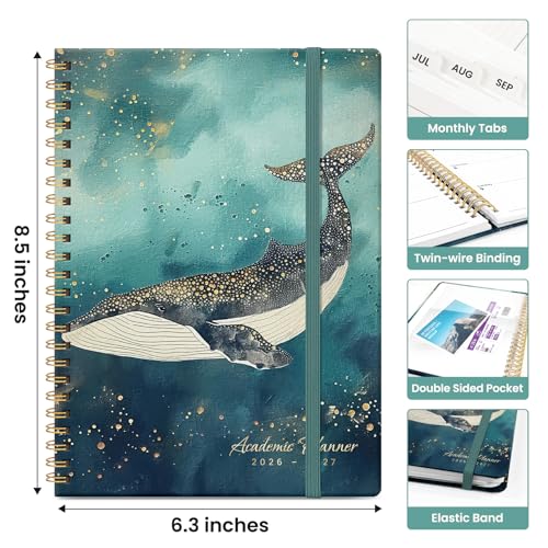 Planner 2026-2027, Academic Monthly and Weekly Calendar Planner for Women, July 2026 - June 2027, Hardcover Pretty Agenda Planner Book with Tabs, Spiral Daily Organizer for School Office Home Supplies, 6.3" x 8.5" - Whale Dreams - color: B-Whale Dreams, s