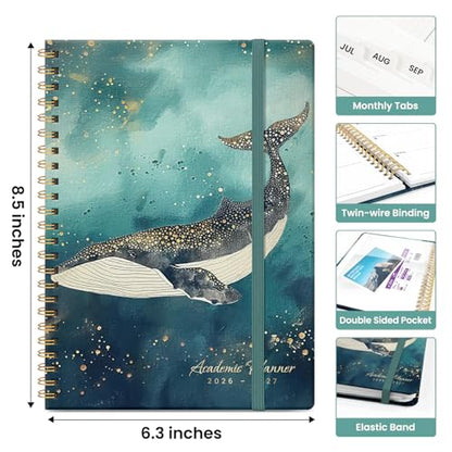 Planner 2026-2027, Academic Monthly and Weekly Calendar Planner for Women, July 2026 - June 2027, Hardcover Pretty Agenda Planner Book with Tabs, Spiral Daily Organizer for School Office Home Supplies, 6.3" x 8.5" - Whale Dreams - color: B-Whale Dreams, s