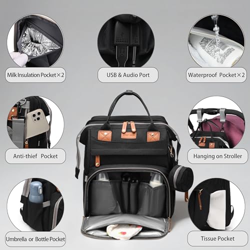 Diaper Bag Backpack with Changing Station, Waterproof for Travel, Black - color: Black