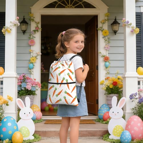 Easter Cartoon Carrots Drawstring Backpack, Waterproof Drawstring Bag for Gym Sports Easter Party Gift, Women Men Durable Sackpack Bag with Front Zipper Pocket and Inside Zipper Pocket - color: Easter Cartoon Carrots