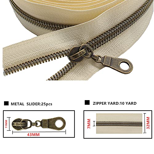 MebuZip #5 Antique Brass Metallic Nylon Coil Zippers by The Yard Bulk Coil Zipper Roll 10 Yards with 25pcs Pulls for DIY Sewing Craft Bags (Beige) - color: Antique Brass Beige