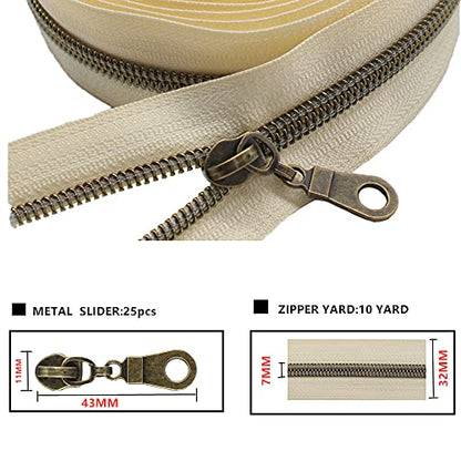 MebuZip #5 Antique Brass Metallic Nylon Coil Zippers by The Yard Bulk Coil Zipper Roll 10 Yards with 25pcs Pulls for DIY Sewing Craft Bags (Beige) - color: Antique Brass Beige