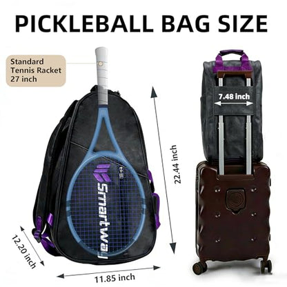 Smartway Tennis Bag for Men Women, 6 Rackets Large Racquet Bag with Shoe Compartment & Insulated Pocket, Waterproof Gym Backpack & Sports Duffel for Pickleball, Training and Daily Use - color: Black