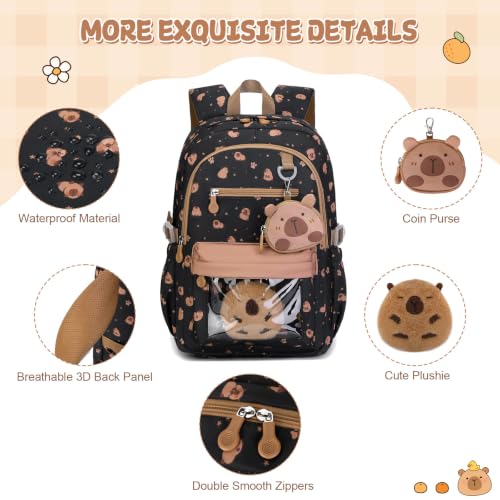 Capybara Theme Backpack for School Girls, 35PCS Kids Backpack Set with School Supplies Stationery Kit Lunch Box Pencil Case, Cute Girls Bookbag for Kindergarten Elementary Student - color: Black
