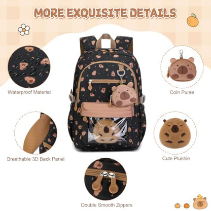 Capybara Theme Backpack for School Girls, 35PCS Kids Backpack Set with School Supplies Stationery Kit Lunch Box Pencil Case, Cute Girls Bookbag for Kindergarten Elementary Student - color: Black