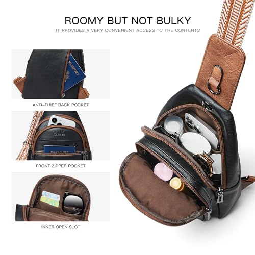 LATMAP 7L Sling Bag For Women Faux Leather Anti Theft Small Casual Daypack Backpack Fanny Pack Crossbody Chest Bags Purse Waterproof - color: 7l-black W/ Brown Trim