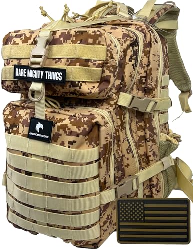AMERICANPHOENIX 45L Elite Tactical Backpack | 3X Stronger Work & Military Backpack | Water Resistant and Heavy Duty | 3 Day MOLLE Bug Out Bag (Sand Storm) - color: Sand Storm