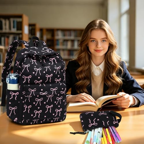LEDAOU Kids Backpack for Girls Backpacks with Lunch Box, Lightweight Bookbag Set Elementary Middle School Back pack for 8-14 - color: A-bow Tie Black