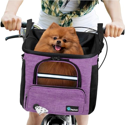 PetAmi Dog Bike Basket, Soft-Sided Ventilated Dog Bike Carrier Backpack, Pet Bicycle Basket for Bike Handlebar, Small Medium Puppy Cat Kitten Car Booster Seat with Safety Strap, Max 18 lbs, Purple - color: Purple