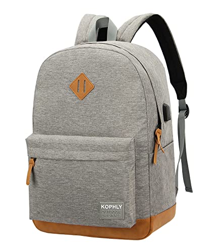 Laptop Backpack with Leather Decoration, USB Charging Port, Classic Backpack for College, Work, Travel(18 Inches/Light Grey) - color: Light Grey, size: 18 Inch
