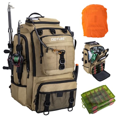 Goture 40L Fishing Tackle Backpack with Cooler Compartment Khaki, Water-Resistant Fishing Gear Bag & Rain Cover & 3600 Trays - color: Khaki, size: C - Includes 2 3600 trays with handles