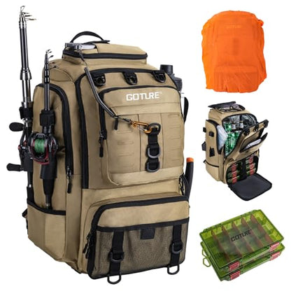 Goture 40L Fishing Tackle Backpack with Cooler Compartment Khaki, Water-Resistant Fishing Gear Bag & Rain Cover & 3600 Trays - color: Khaki, size: C - Includes 2 3600 trays with handles