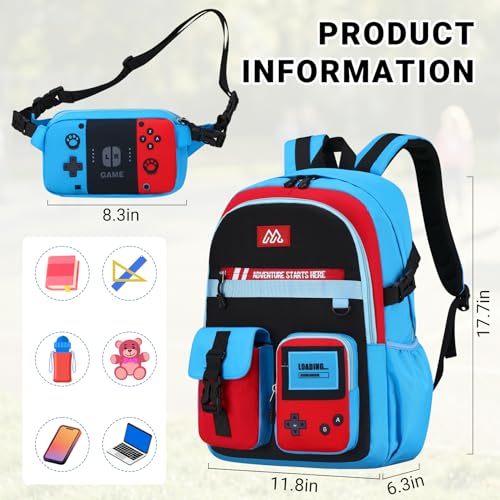 TILYTADLY 2‑IN‑1 School Backpack for Boys - Gamer Backpack for Boys with Waist Bag, 18″ Large Capacity Students Bag for Kids Children Teens Elementary Middle School - color: Red-blue Backpack Only