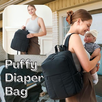 MOMINSIDE Diaper Bag Backpack - Extra Large Puffer Diaper Bag - Neoprene Diaper Bag Quilted Baby Bag for 2 Kids Boys Girls, Large Changing Pad, 15 Pockets, Black - color: Black