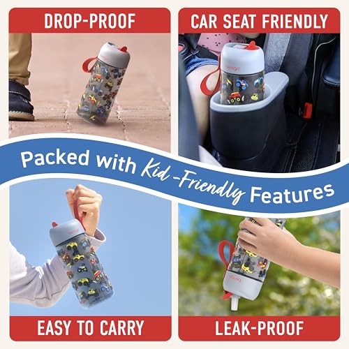 Bentgo Kids Water Bottle - Leak-Proof, Durable Tritan PFAS- & BPA-Free 15 fl oz, Kids/Toddlers Ages 3+ for School & Sports; Bite & Sip Spout, Carrying Handle, Dishwasher Safe (Trucks) - color: Trucks