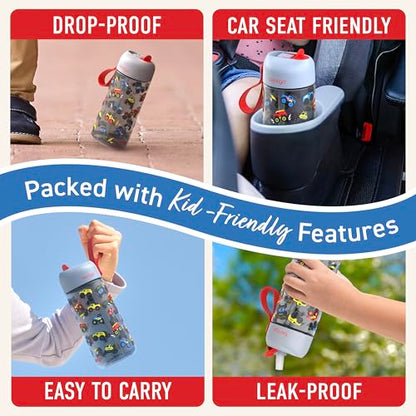 Bentgo Kids Water Bottle - Leak-Proof, Durable Tritan PFAS- & BPA-Free 15 fl oz, Kids/Toddlers Ages 3+ for School & Sports; Bite & Sip Spout, Carrying Handle, Dishwasher Safe (Trucks) - color: Trucks