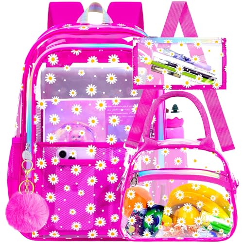 gxtvo 3PCS Transparent Backpack Heavy-Duty Set for Women & Teen Girls, 17" Rose Clear Bookbag with Rainbow Strap, Cute Chrysanthemum See Through School Bag - color: Rose Chrysanthemum Clear Backpack Set