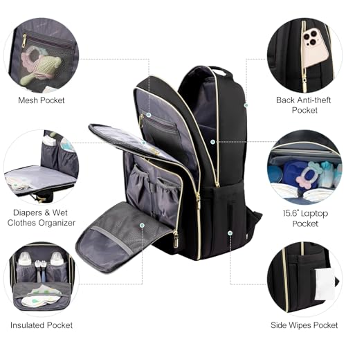 LOVEVOOK Diaper Bag Backpack, Quilted Baby Bag with Changing Pad & Pacifier Holder, Waterproof Travel Diaper Bags for Baby Boys Girls, Stylish and Large Capacity, Lozenge-Black - color: Lozenge-black