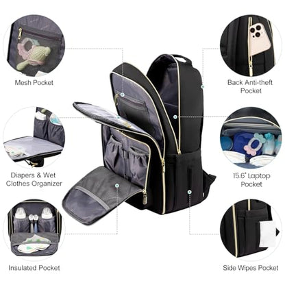 LOVEVOOK Diaper Bag Backpack, Quilted Baby Bag with Changing Pad & Pacifier Holder, Waterproof Travel Diaper Bags for Baby Boys Girls, Stylish and Large Capacity, Lozenge-Black - color: Lozenge-black