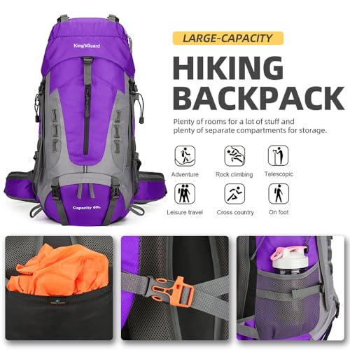 King'sGuard 60L Hiking Backpack for Men and Women Lightweight Camping Hiking Backpack with Rain Cover Large Waterproof Travel Backpack Backpacking Pack (Purple) - color: Purple