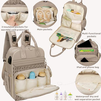 Diaper Bag Backpack, Waterproof Large Baby Bag with Changing Pad, Khaki | Baby Diaper Bag, Stylish, Large Capacity, with Changing Pad, with USB Port, Stroller Strap, Pacifier Case, Travel Essentials - color: Khaki