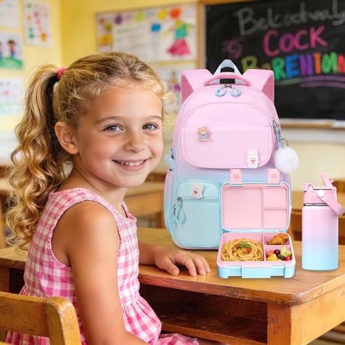 ACESAK 5PCS Backpack for Girls with Bento Box & 14oz Insulated Water Bottle - Cute School Girls Backpacks for Elementary Preschool Middle with Lunch Bag & Pencial Case, Back To School Gift (Pink Blue) - color: Pink-blue