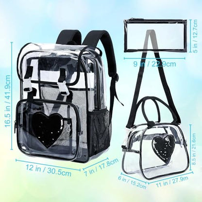3PSC Clear Backpack, Heavy Duty Transparent Bookbag for Girls Women, Stadium Approved See Through Backpack Set (Black Sequins) - color: Black Sequin
