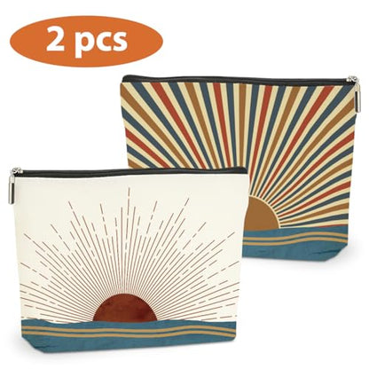 2PCS Boho Makeup Bag, Boho Gifts for Women, Sunlight Rays Natural Linen Zipper Pouch Best Gifts for Girls Sister Travel Sunshine Cosmetic Bag - color: Multicolor 0083