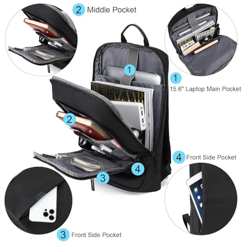 AUGUR Business Slim Backpack for Men Women 15.6 inch Water Resistant Laptop Backpack with USB Charger Computer Notebooks Lightweight Small Backpacks For School/Travel/Business/Work/College Bag - color: 1505 15.6 Inch Black