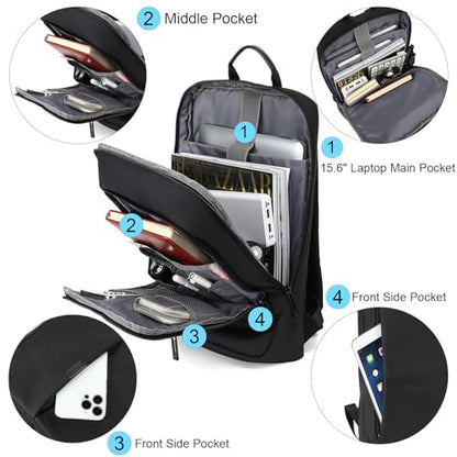 AUGUR Business Slim Backpack for Men Women 15.6 inch Water Resistant Laptop Backpack with USB Charger Computer Notebooks Lightweight Small Backpacks For School/Travel/Business/Work/College Bag - color: 1505 15.6 Inch Black