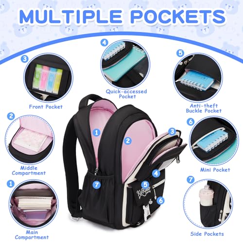 PIG PIG GIRL Kids Backpack for Girls - School Bags for Middle School Students - Book Bag for Elementary Primary - Kawaii Ita Backpack - Black and Beige - color: Black and Beige