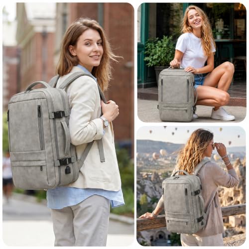 40L Travel Backpack for Men, PU Leather Carry On Backpack Flight Approved with Laptop Sleeve, Expandable Travel Bags for College Travel (Grey) - color: Grey