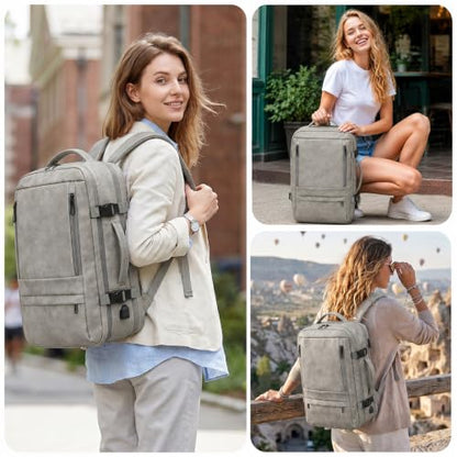 40L Travel Backpack for Men, PU Leather Carry On Backpack Flight Approved with Laptop Sleeve, Expandable Travel Bags for College Travel (Grey) - color: Grey