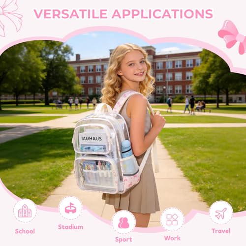 Sisipoet Clear Backpack for Girls with Bow Print, Heavy Duty Transparent Bookbag for School, Stadium, and Concert, Beige - color: White/Bow