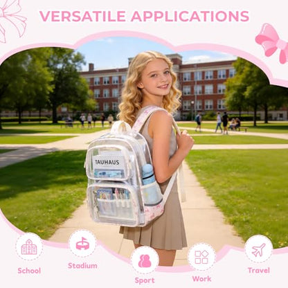 Sisipoet Clear Backpack for Girls with Bow Print, Heavy Duty Transparent Bookbag for School, Stadium, and Concert, Beige - color: White/Bow
